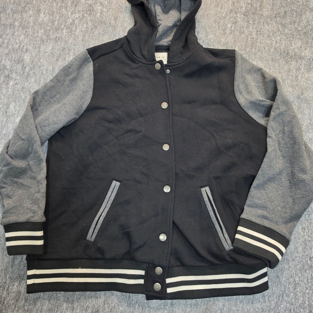 Torrid Womens Black Grey Varsity Hooded Jacket Snap Front Letterman Plus Size 2